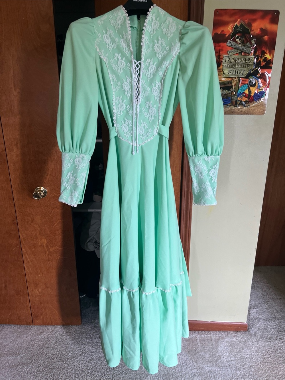 1970s Gunne Sax Style Prairie Dress- Bright Mint Green